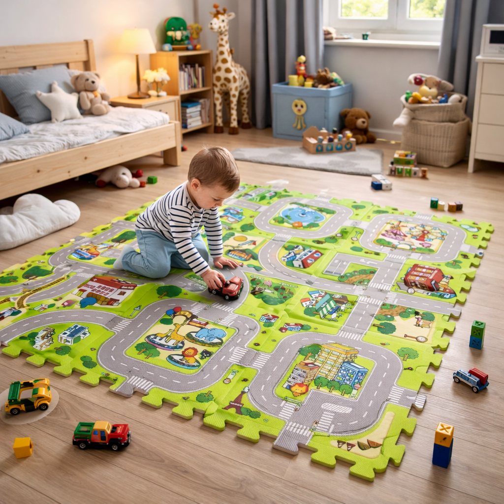 Tapis de jeu puzzle enfant avec dalles emboîtables – circuit routier et ville