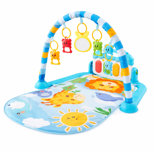Tapis d’éveil bébé avec arche, jouets suspendus et miroir – motifs animaux et soleil