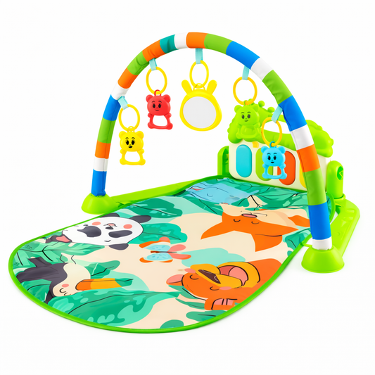 Tapis d’éveil bébé avec arche, jouets suspendus et miroir – motif jungle