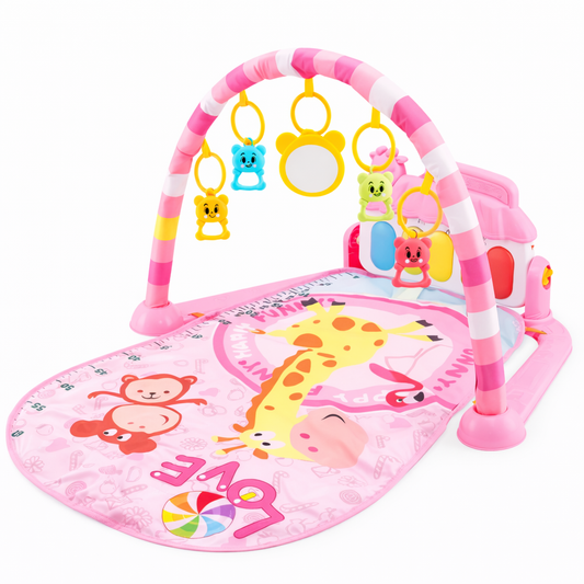 Tapis d’éveil bébé avec arche, jouets suspendus et miroir – motif girafe, coloris rose