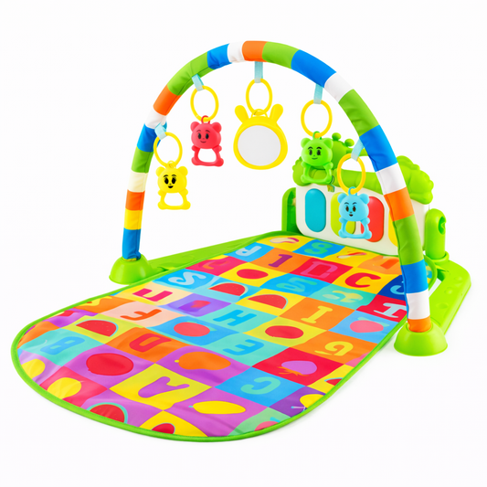 Tapis d’éveil bébé avec arche, jouets suspendus et miroir – motifs lettres et chiffres