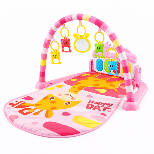 Tapis d’éveil bébé avec arche, jouets suspendus et miroir – motif girafe, fond rose