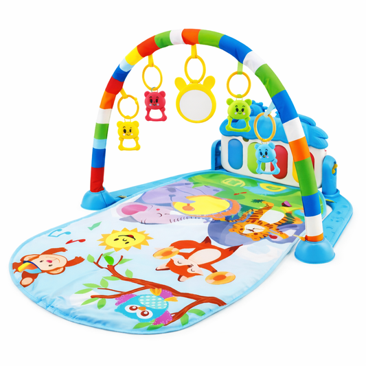 Tapis d’éveil bébé avec arche, jouets suspendus et miroir – thème forêt