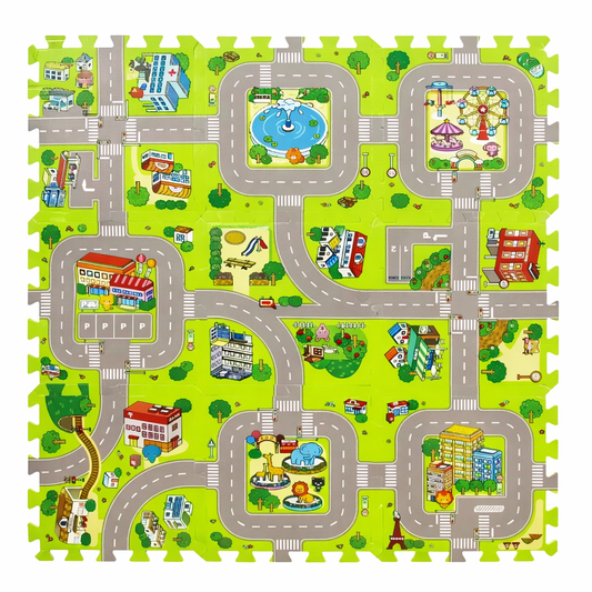 Tapis de jeu puzzle enfant avec dalles emboîtables – circuit routier et ville
