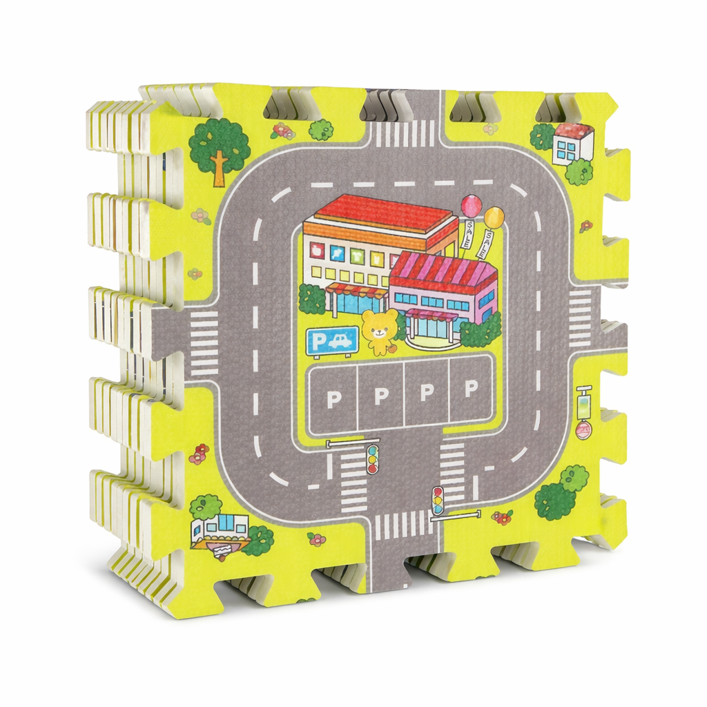 Tapis de jeu puzzle enfant avec dalles emboîtables – circuit routier et ville