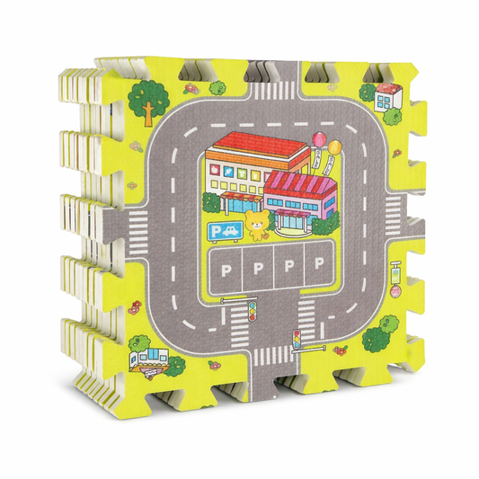 Tapis de jeu puzzle enfant avec dalles emboîtables – circuit routier et ville