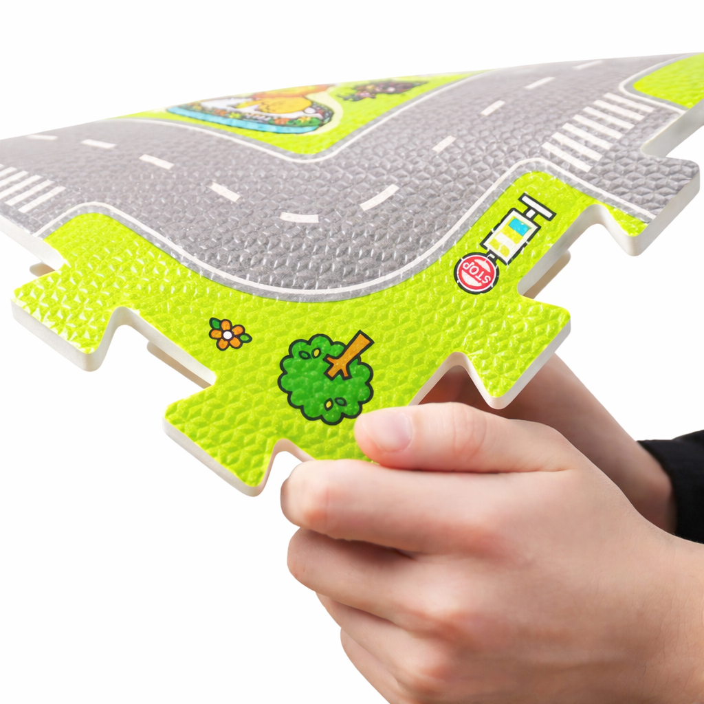 Tapis de jeu puzzle enfant avec dalles emboîtables – circuit routier et ville