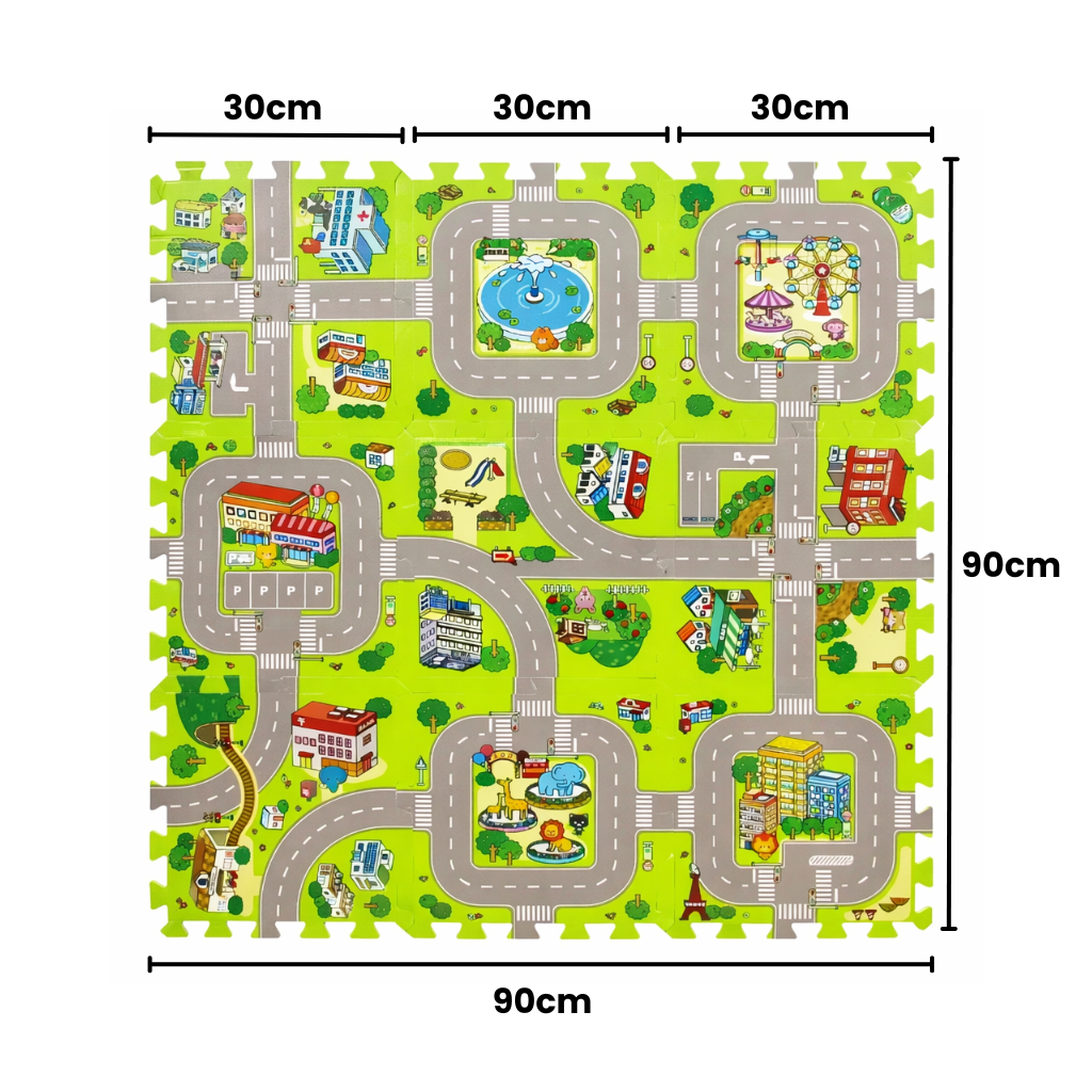 Tapis de jeu puzzle enfant avec dalles emboîtables – circuit routier et ville