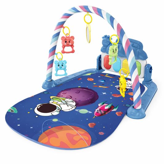 Tapis d’éveil bébé avec arche, jouets suspendus et miroir – thème espace