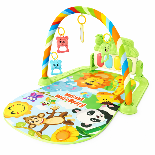Tapis d’éveil bébé avec arche, jouets suspendus et miroir – thème animaux