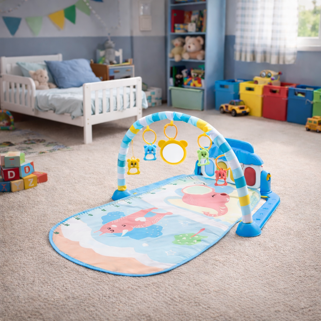 Tapis d’éveil bébé avec arche, jouets suspendus et miroir