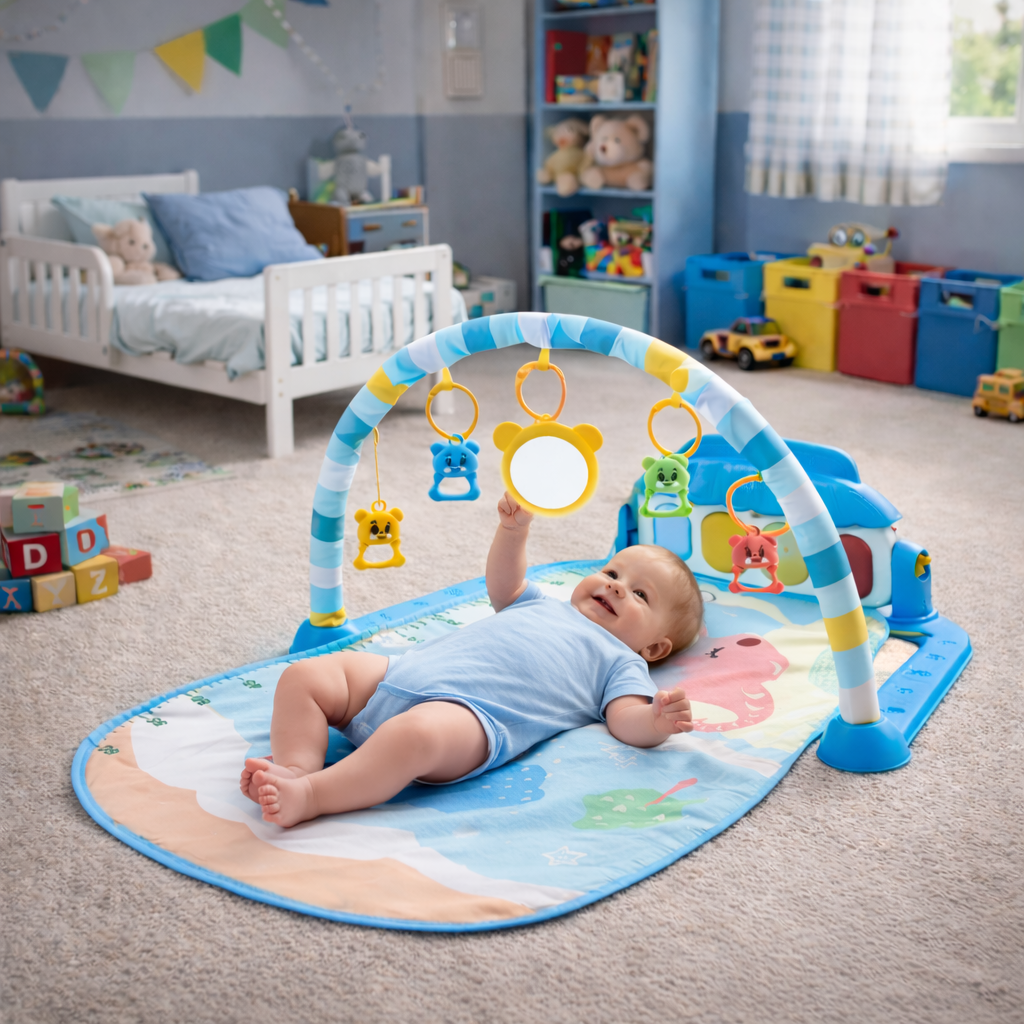Tapis d’éveil bébé avec arche, jouets suspendus et miroir