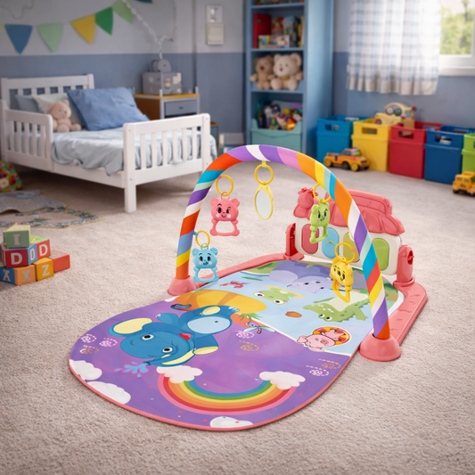 Tapis d’éveil bébé avec arche multicolore, jouets suspendus et miroir
