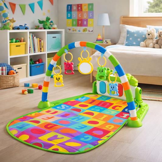 Tapis d’éveil bébé avec arche, jouets suspendus et miroir – motifs lettres et chiffres