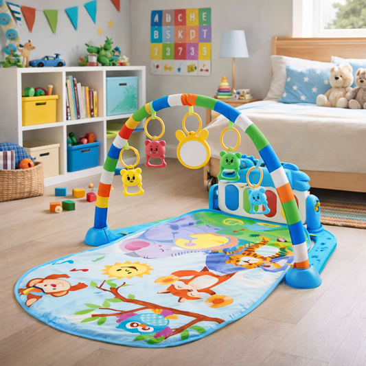 Tapis d’éveil bébé avec arche, jouets suspendus et miroir – thème forêt