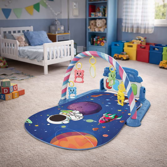 Tapis d’éveil bébé avec arche, jouets suspendus et miroir – thème espace