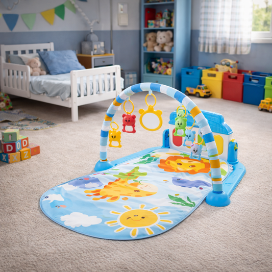 Tapis d’éveil bébé avec arche, jouets suspendus et miroir – motifs animaux et soleil