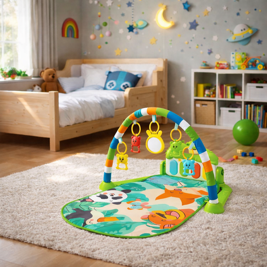Tapis d’éveil bébé avec arche, jouets suspendus et miroir – motif jungle