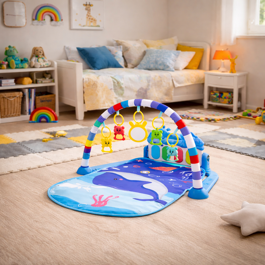 Tapis d’éveil bébé avec arche, jouets suspendus et miroir – thème océan
