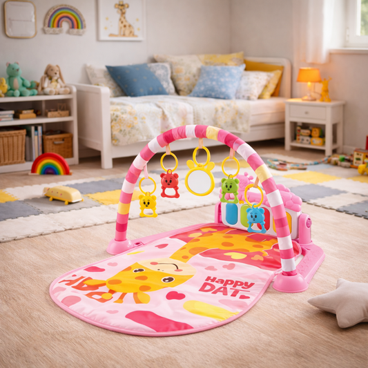 Tapis d’éveil bébé avec arche, jouets suspendus et miroir – motif girafe, coloris rose