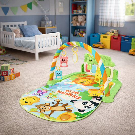 Tapis d’éveil bébé avec arche, jouets suspendus et miroir – thème animaux
