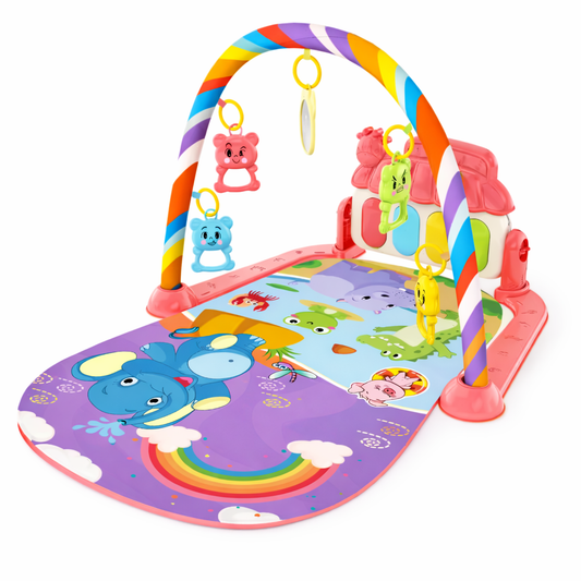 Tapis d’éveil bébé avec arche multicolore, jouets suspendus et miroir